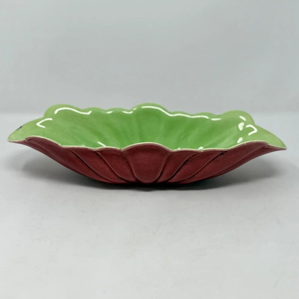 Cemar 662 Vintage Scalloped Ceramic Bowl Burgundy Green California Pottery MCM